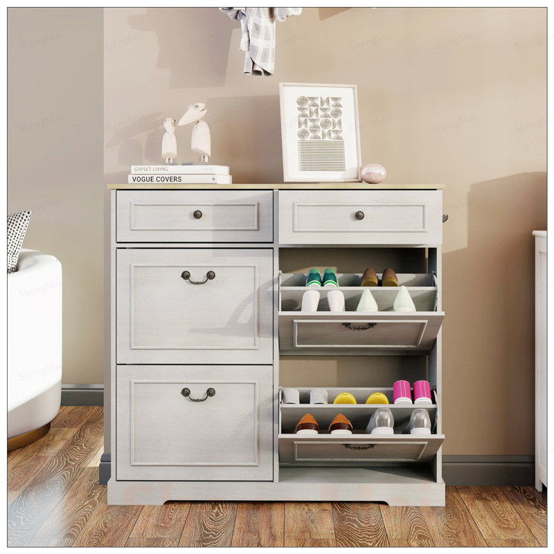 Armoire de rangement pour chaussures moderne autoportante avec 2 tiroirs, 4 tiroirs rabattables et une tablette réglable pour le vestibule et le vestibule