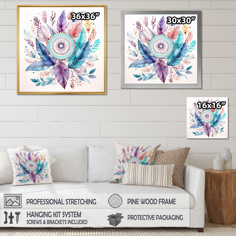 Attrape-rêves pastel turquoise Boho sur toile, Cadre doré à une seule photo, H 16 po x l 16 po x P 1 po