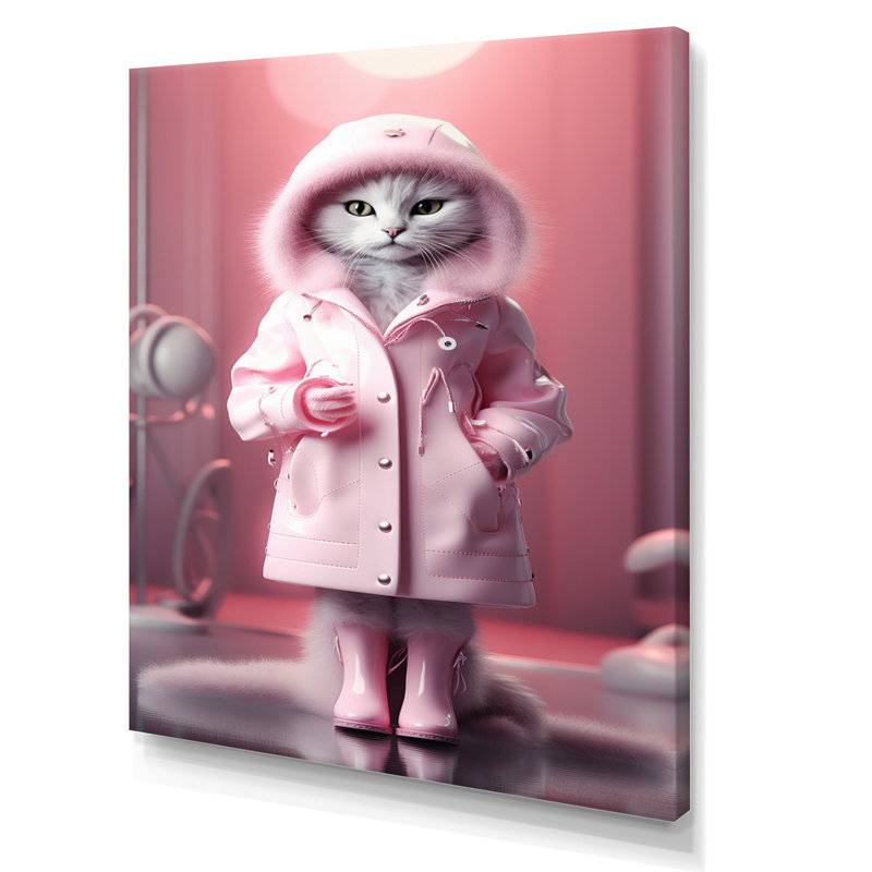 Chat blanc Fashionista en manteau rose I, H 32 po x l 24 po x P 1 po, Toile tendue