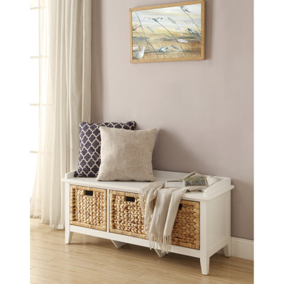 And White Finish Transitional Rectangular Bench With 3 Storage Drawers, Wooden Frame, Basket Front Drawer Metal Glide, Solid Wood Legs, Veneer, , 43 Inches Wide, 19 Tall Seat &