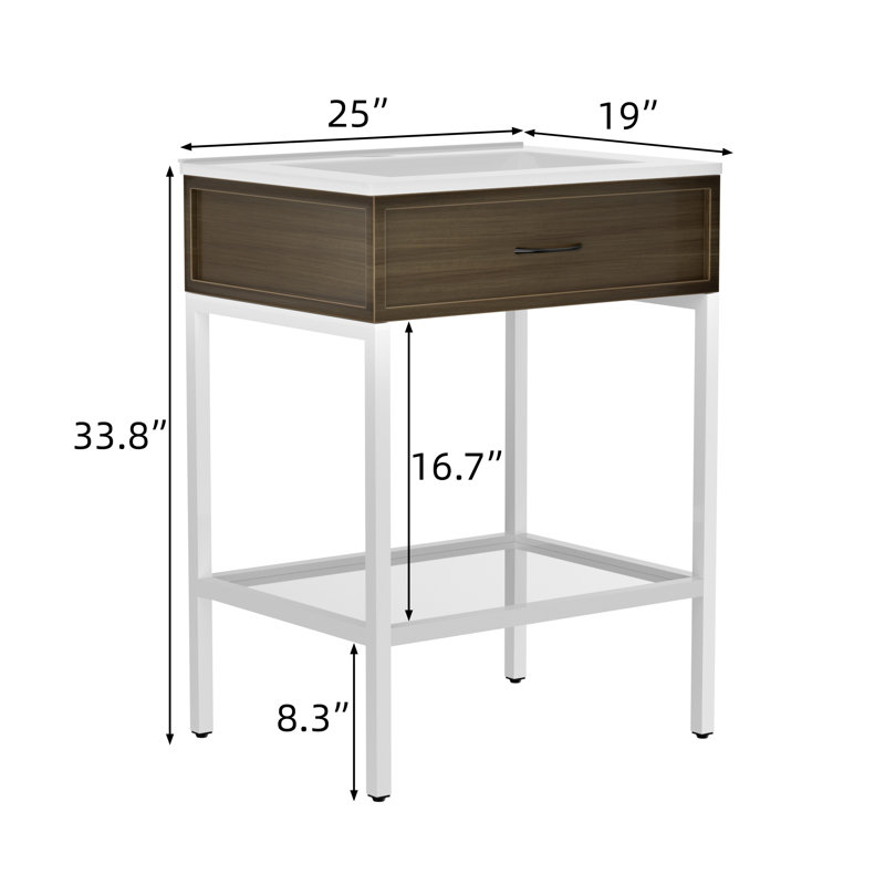 Meuble-lavabo 24 po avec lavabo en résine, structure en acier inoxydable et tablette ouverte en verre trempé, Blanc