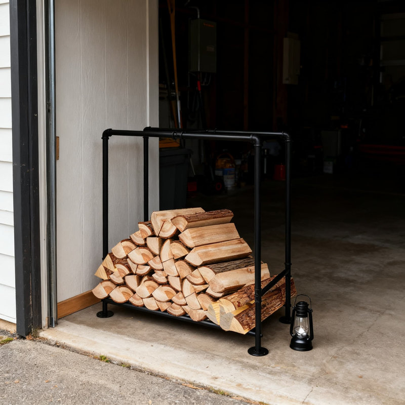 Support à bois de chauffage robuste pour une utilisation intérieure et extérieure, revêtement ignifuge et antirouille, fabrication en tuyau de fer rond durable, supporte jusqu'à 100 lb, facile à assembler pour le foyer et le rangement dans le salon