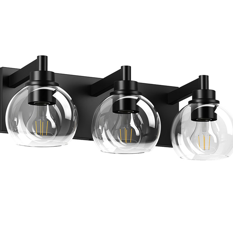 3 lumières pour appliques de salle de bain avec abat-jour en verre transparent et finition noir mat - utilisation intérieure, eau, meuble-lavabo à douille E26 3 lumières, abat-jour, plafonnier semi-encastré,