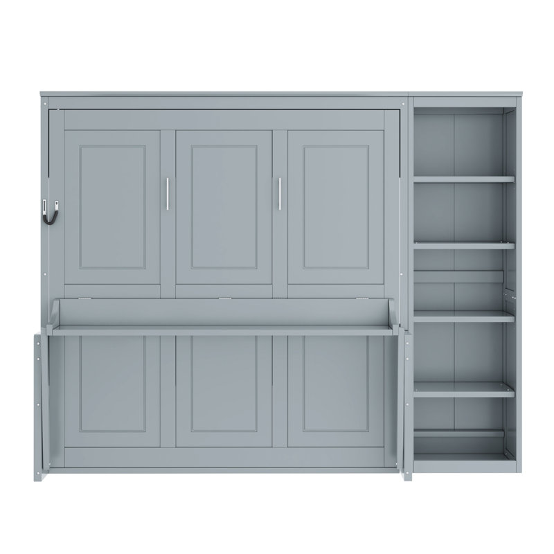 Grand lit gris avec système de bureau et de tablettes, structure en pin, pliable pour la conservation de l'espace, bibliothèque à lattes de bois, structure, optimisation, solutions de rangement multiples