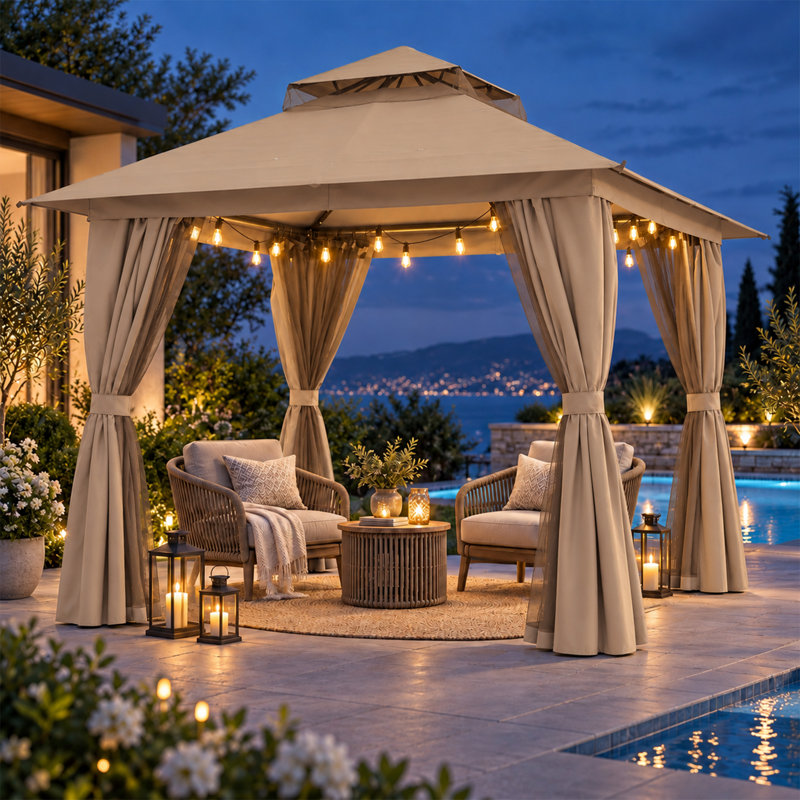 8 x 8 Ft Soft Top Patio Gazebo with 2-Tier Roof, Mesh Netting and Privacy Curtains, Galvanized Steel Outdoor Canopy for Backyard Deck and Garden