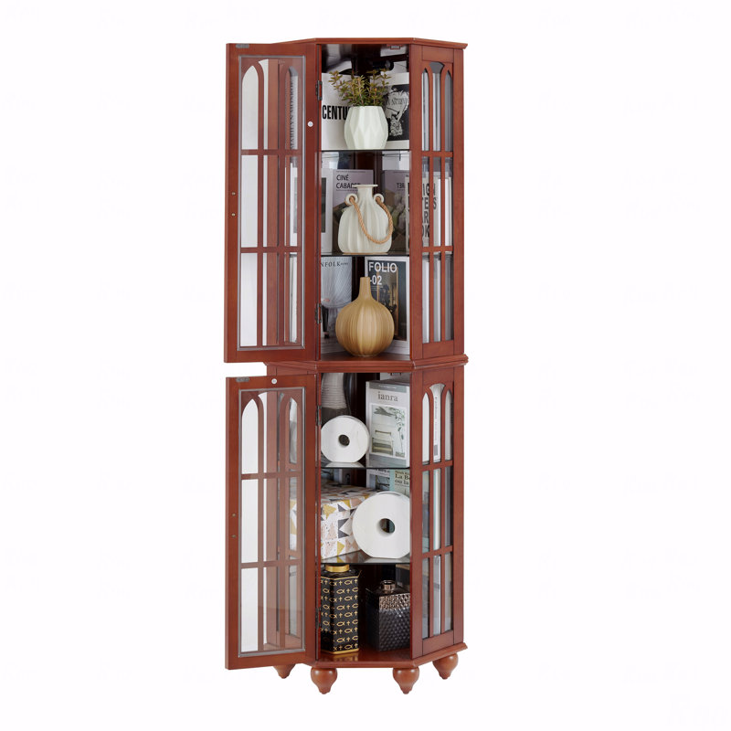 Armoire d'angle, en bois de verre, avec 4 tablettes réglables et système d'éclairage, pieds solides, panneau arrière en miroir en acrylique