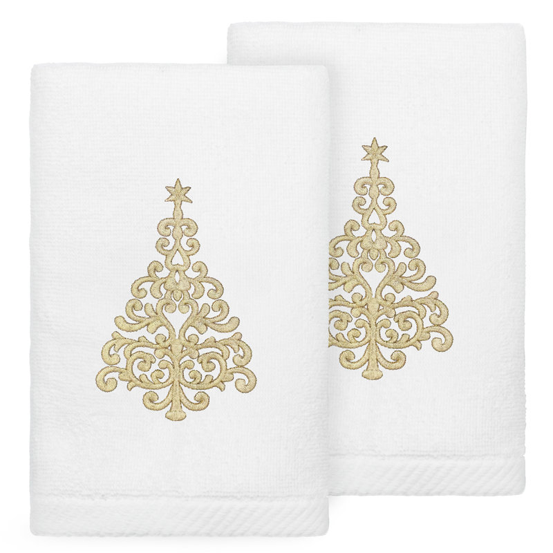 The Holiday Aisle® Christmas Gold Tree - Embroidered Luxury 100% Turkish Cotton Hand Towels (Set Of 2), White