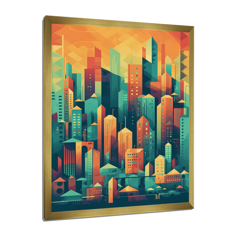 Lynkin " Blue And Orange Retro Cityscape II ", Gold Picture Framed, 44" H x 34" W x 1.5" D
