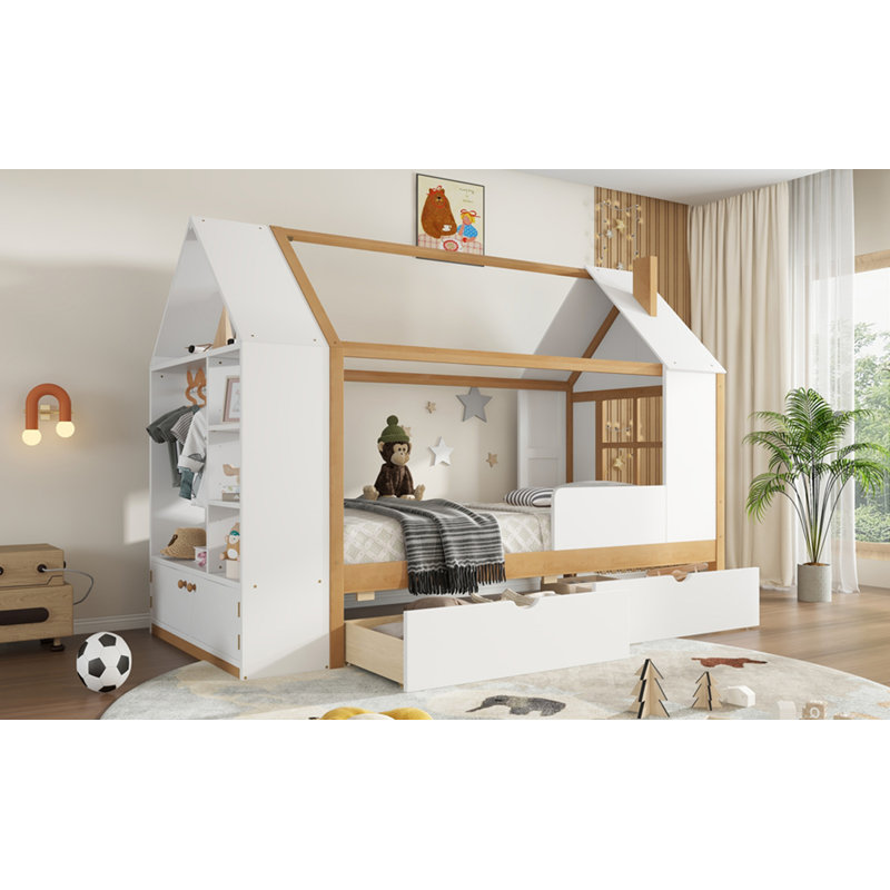Lit plateforme simple avec tiroirs, lit maison en bois massif avec tablettes, conception enfantine, blanc et naturel