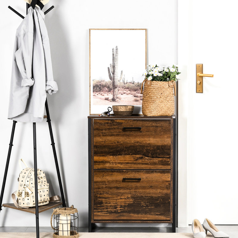 Étagère à chaussures de style industriel, brun rustique - capacité de 12 paires avec 2 tiroirs rabattables pour le vestibule, porte-cadre étroit et solide, tiroirs d'armoire de couloir, espace robuste
