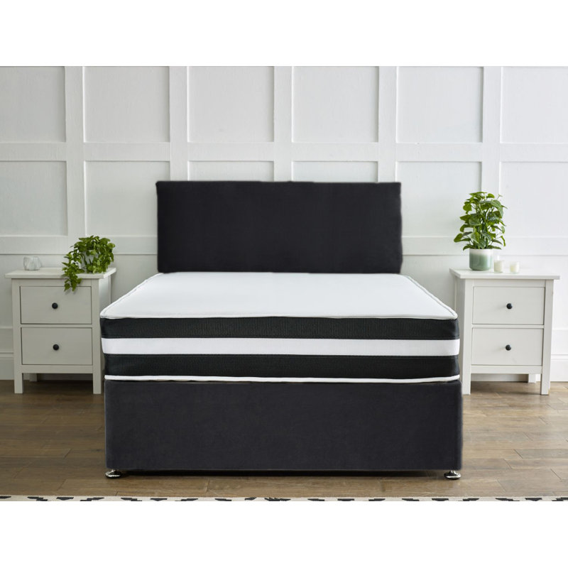 Navreen Divan Bed Set With 20" Plain Headboard, Black, Kingsize (5'), 2 Drawers