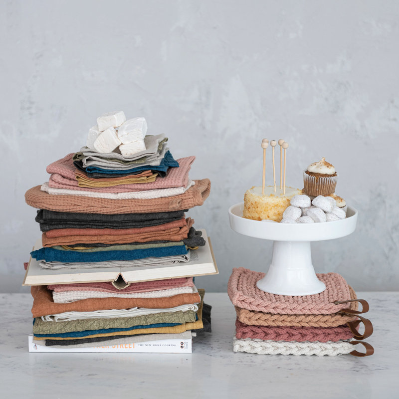 Set of 4 Multicolor Crocheted Cotton Potholders with Leather Loop