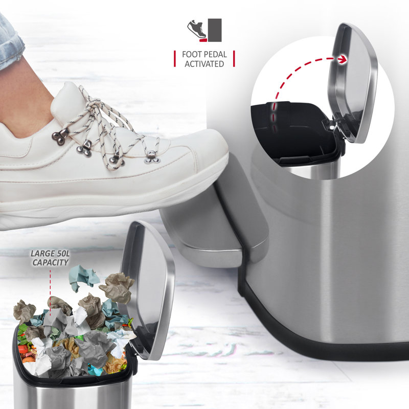 Stainless Steel Step On Kitchen Rubbish Bin - 13.21 L, Silver