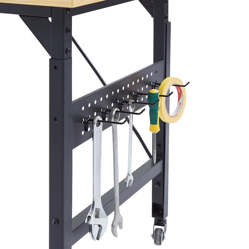 71''Adjustable Workbench With Pegboard, Heavy Duty Wooden Desktop Workbench With Wheels, 1600 Lb. Load Capacity, Rolling Workbench With AC/USB Outlet, Hooks, Shelf, For Garage, Workshop, Office, Home.