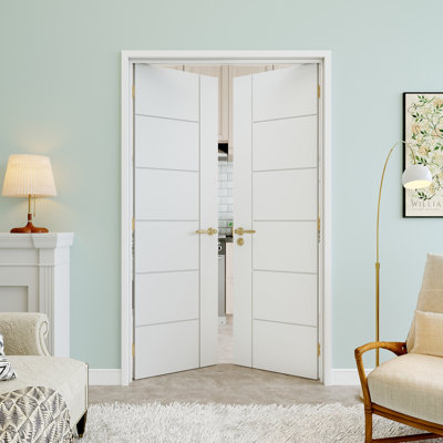 Portes doubles intérieures à 6 panneaux moulés de 48 po x 80 po, remplacement de dalle de porte française, finition blanche et peinturable et imperméable, porte de garde-manger, porte de buanderie, porte de placard, porte de pièce, porte de bureau à domicile