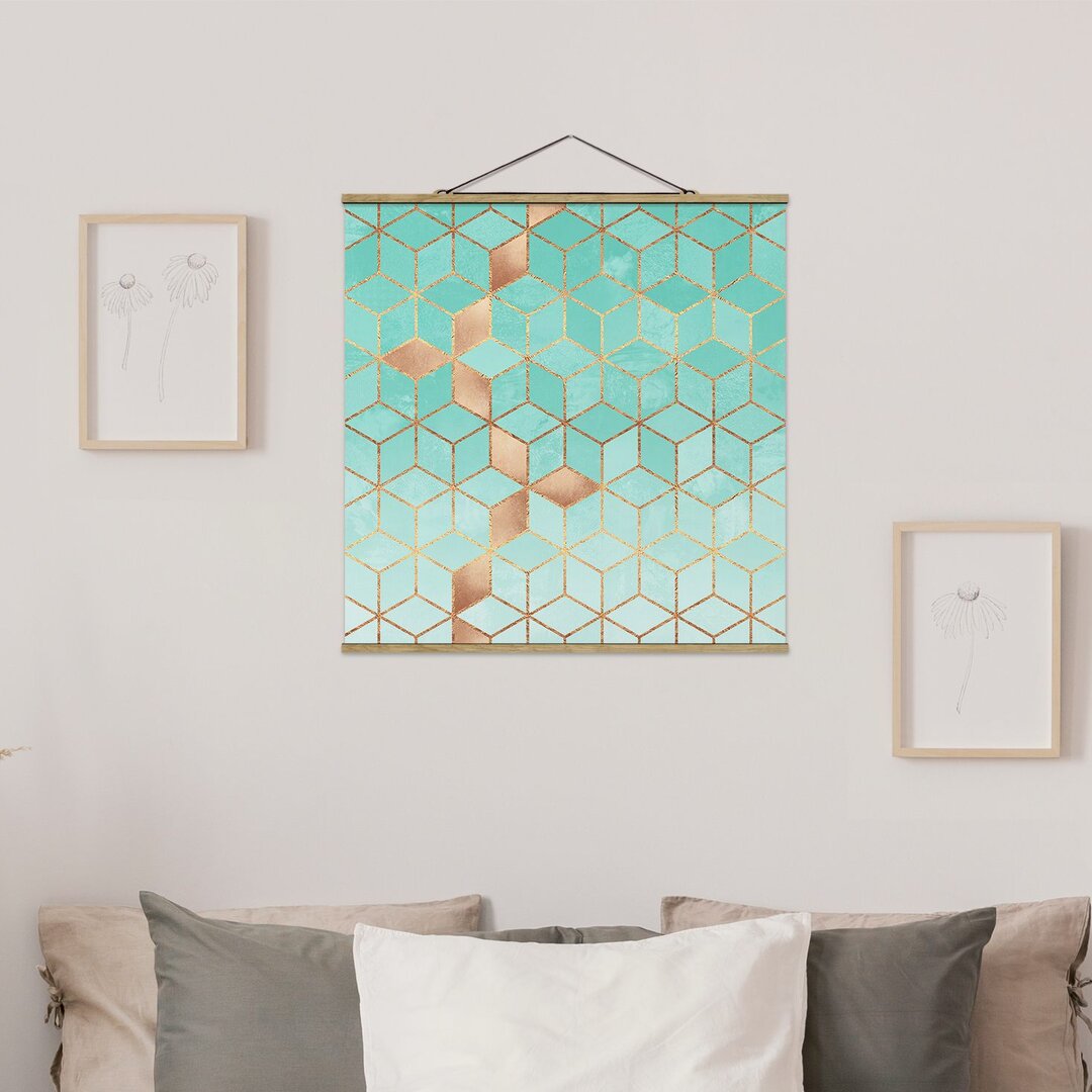 Stoffbild Turquoise White Golden Geometry von Elisabeth Fredriksson