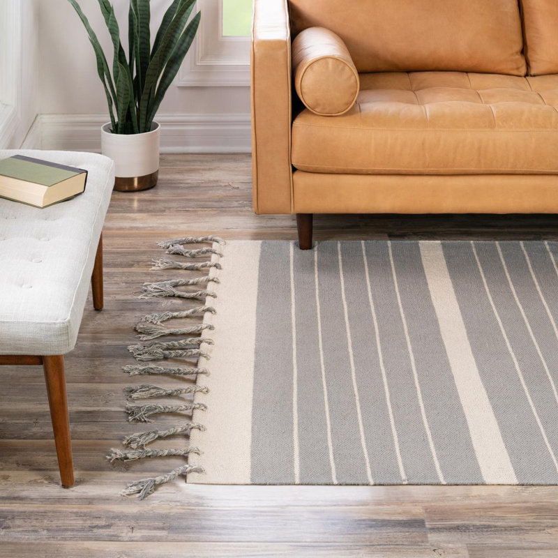 Abishake Cotton Striped Indoor Rug, Rectangle 5'1" x 8'