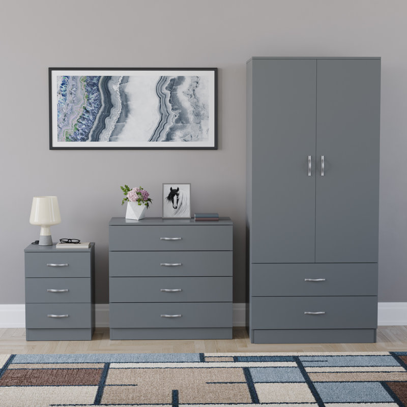 Maybery 3 Piece Bedroom Set (3 Drawer Bedside Chest, 4 Drawer Chest, 2 Door 2 Drawer Wardrobe), (4), Grey