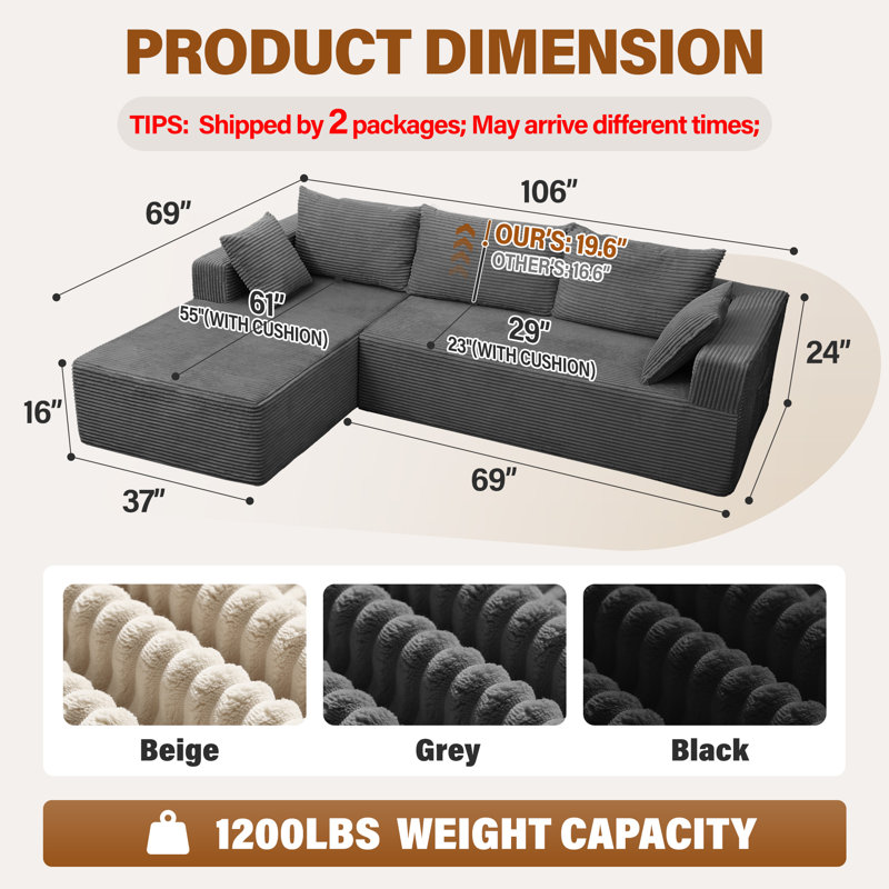 Canapé modulaire Boneless de 105 po avec méridienne en L et sans assemblage requis, Gris, Orienté à gauche (vu de face)