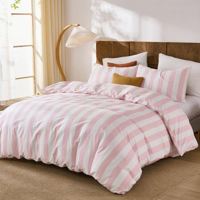 Ensemble de housse de couette rayé rose et blanc pour très grand lit, ensemble de literie 100% coton, literie de luxe en lin, édredon doux et respirant pour toutes les saisons