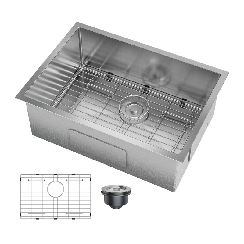 Évier de cuisine encastrable 27 po x 19 po x 10 po, cuve simple en acier inoxydable avec grille inférieure et ensemble de drain (sans robinet)