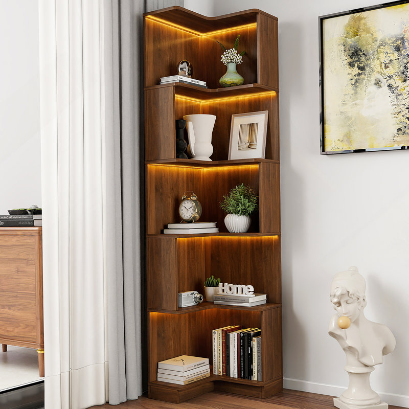 Corner Book Shelf - 5 Tier Corner Bookshelf  Bookcase With Baffle, Freestanding L Shaped Display Shelf Stand With Led Lights For Home Office, Living Room, Bedroom, Kitchen