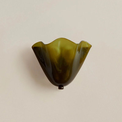 Contemporary Pecan Wall Light With Upward Glass Shade, Geometric Fixture, Green
