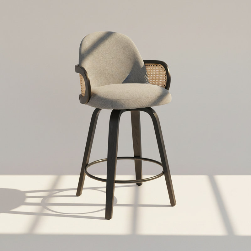 26" Modern Swivel Counter Height Bar Stool with Cane Back, Upholstered Performance Fabric Seat, Bentwood Frame & Metal Footrest, Dark Gray – Ava by Pipp & Liv (Single)