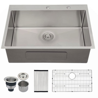 Évier de cuisine à cuve simple en acier inoxydable à 2 trous avec grille inférieure et crépine