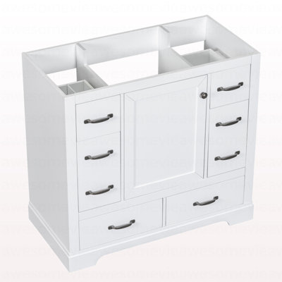 Meuble-lavabo 36 po sans lavabo, base d'armoire seulement, six tiroirs, diviseur de tiroir multifonctionnel, tablette réglable, blanc
