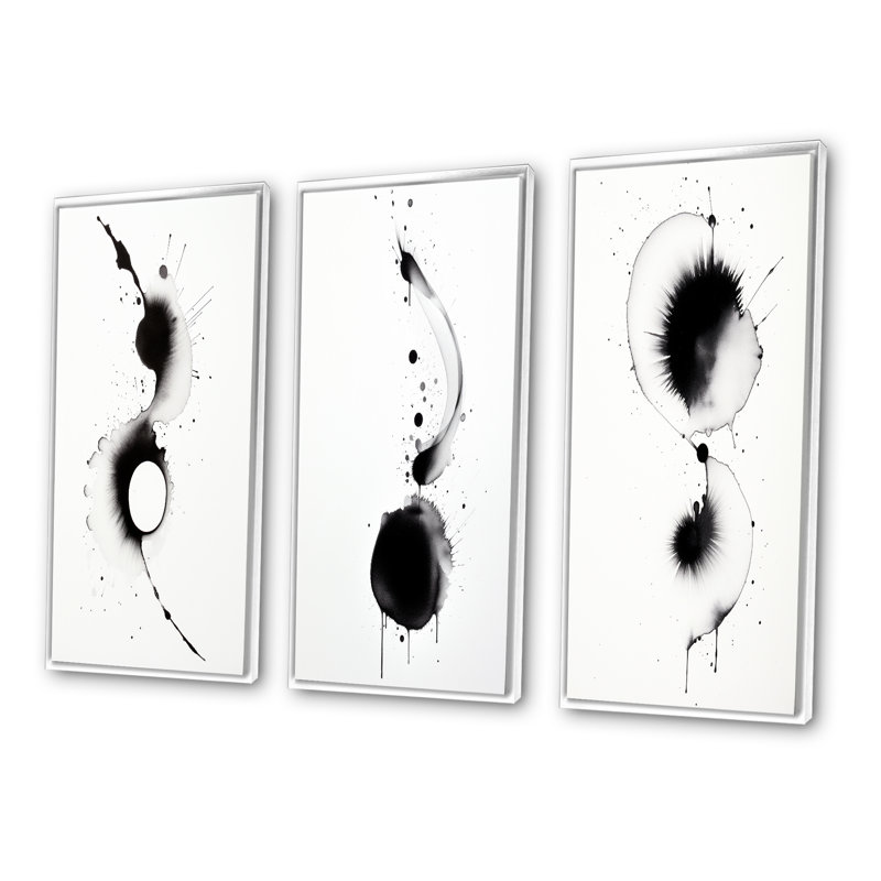 Subtle Ink Monochromatic Symphony VIII - Abstract Painting Art Set Of 3 Pieces, Cadre blanc, H 20 po x l 36 po