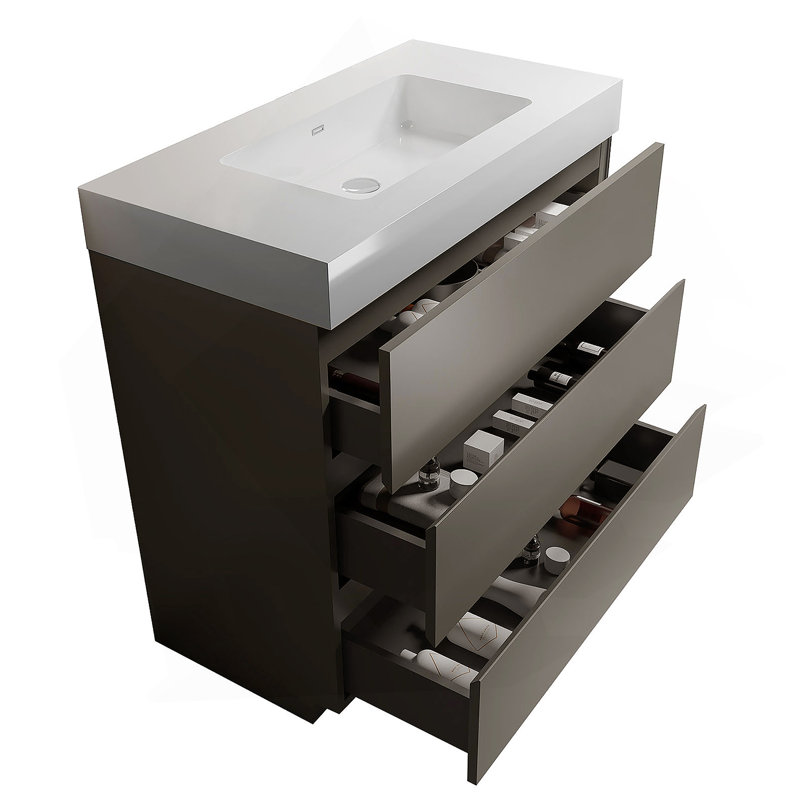 Meuble-lavabo autoportant avec grand lavabo et rangement, Gris, Blanc, 36"