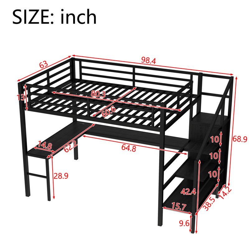 Queen Size Metal Loft Bed with L-Shaped Desk, Wardrobe, USB & LED, High Loft Bed for Kids Teens Adults, Black