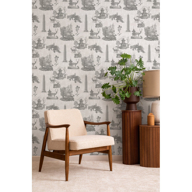 The Signature Pagoda Toile 10' L x 24" W Wallpaper Roll, Charcoal, Faux Grasscloth, Non-pasted