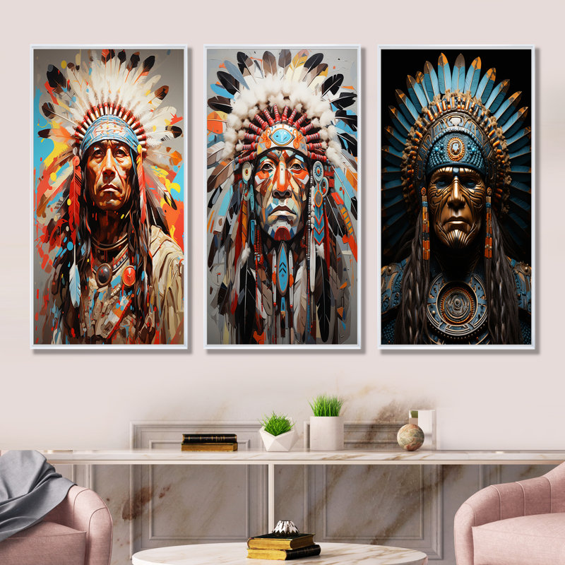 «Native American Warrior Portrait», ensemble d'art mural sur toile, Cadre flottant blanc, H 28 po x l 36 po