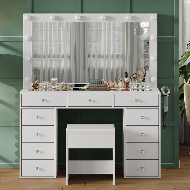 Pisklo Vanity desk & Power Outl, Makeup Vanity with Mirror and 12 LED Lights, Makeup Table with 11 Drawers, Vanity Table with Chair，Vanity Set 3 Lighting Modes Brightness Adjustable