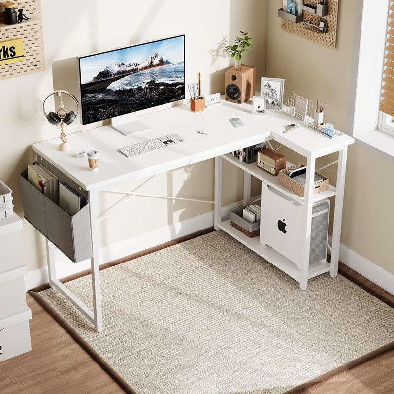 Bureau en L blanc - Bureau d'ordinateur d'angle avec tablettes réversibles et sac de rangement, table de jeu, d'étude ou d'écriture pour petits espaces