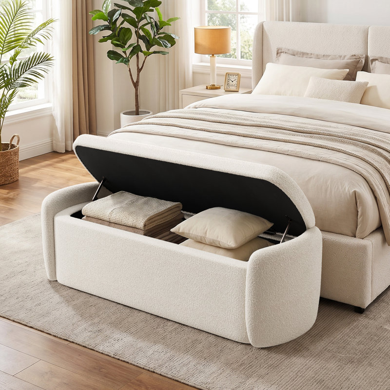 51.4" Enlarged Plush Teddy Chenille Upholstered Storage Ottoman Bench, No Assembly Required, Beige