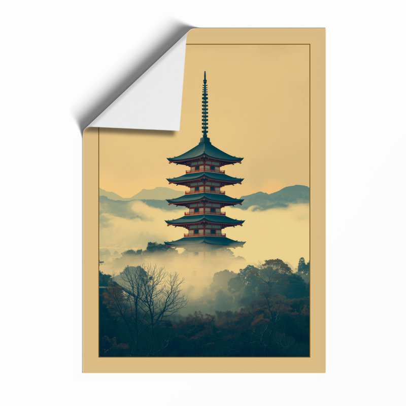Pagoda in Mist Japandi - Framed Print, Unframed, A2 - 59.4 x 42.0 cm