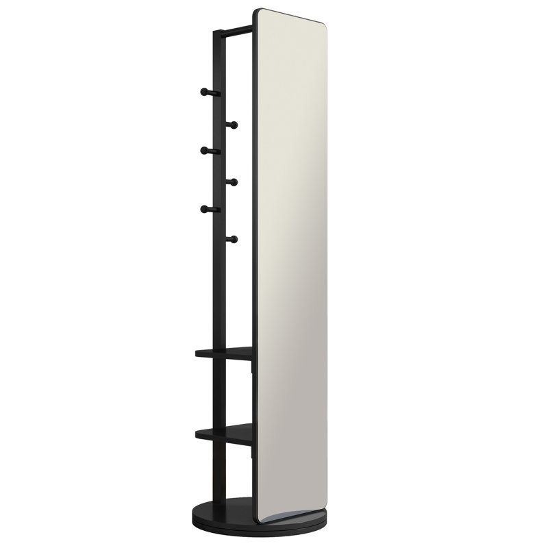 360° Rotating 69"X16" Multifunctional Full Length Mirror With Hook Storage Rack Coat Rack With Mirror Solid Wood Floor Mirror Bedroom Living Room Cloakroom Space Saving