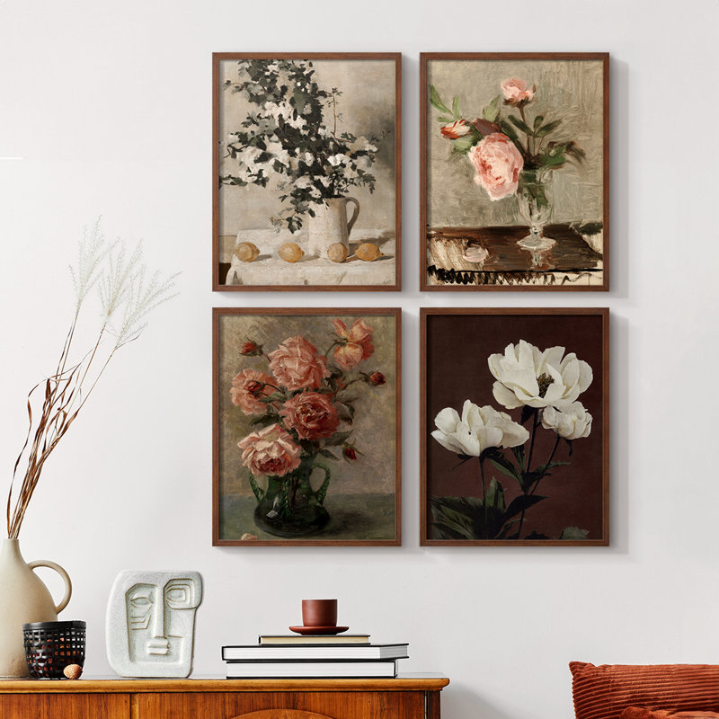 «Vintage Floral CCSCXXV III», 4 pièces sur papier, H 14 po x l 44 po, Noir