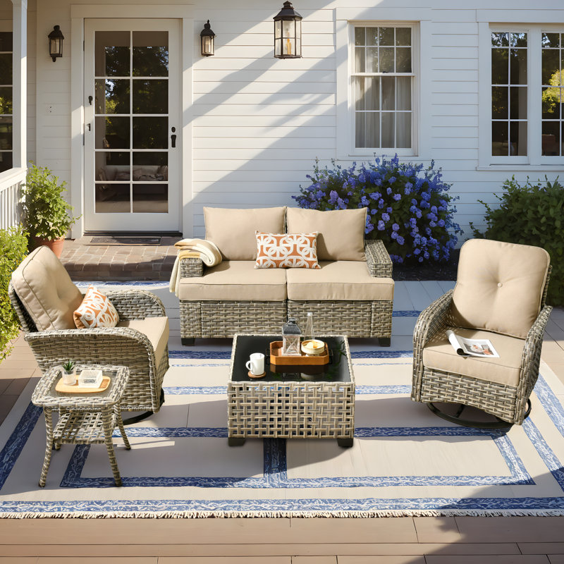 Carolle 6 Piece Sofa Seating Group With Fire Pit And Cushions, Beige
