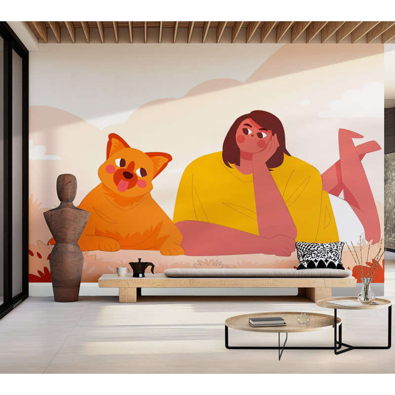 Murale pelez et collez de qualité supérieure - Illustration d'une personne et d'un chat, L 120 po x L 96 po