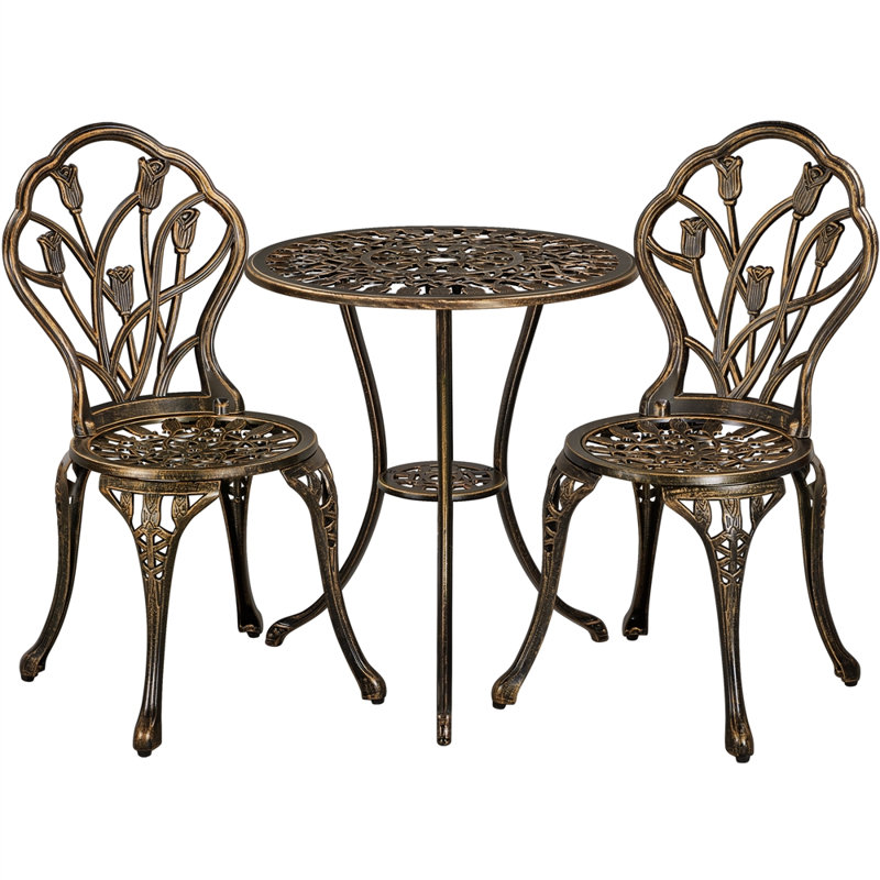 3 Piece Patio Bistro Table Set with Umbrella Hole, Bronze