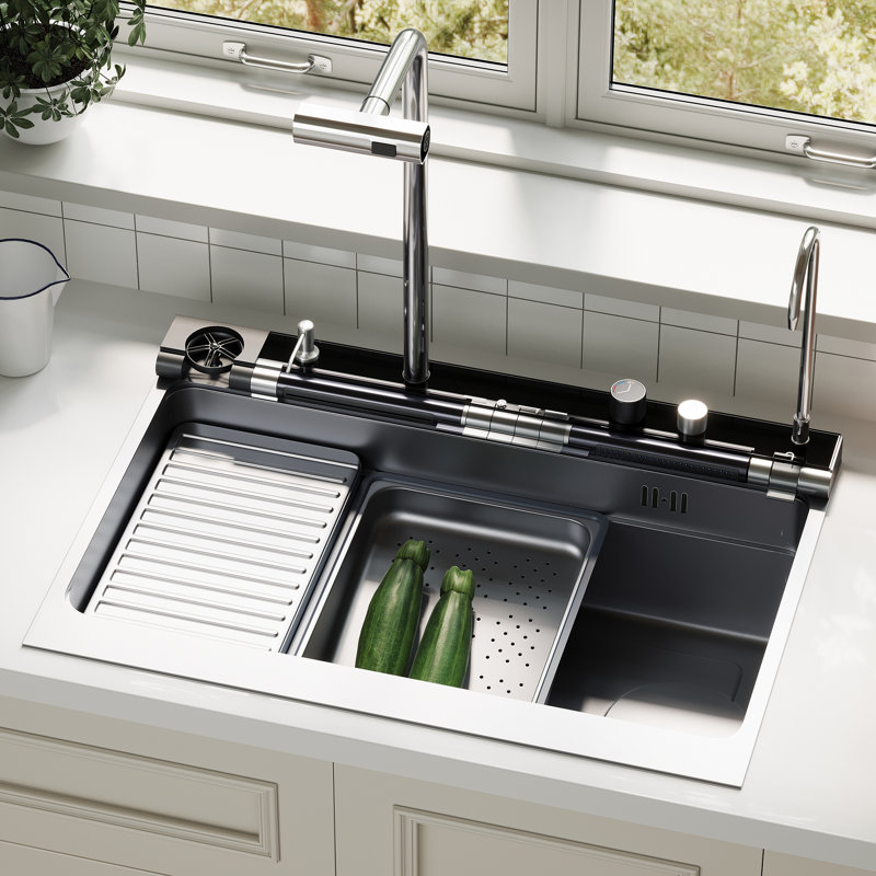 29.6" Drop-In Workstation Kitchen Sink with Faucet, Single Bowl Stainless Steel