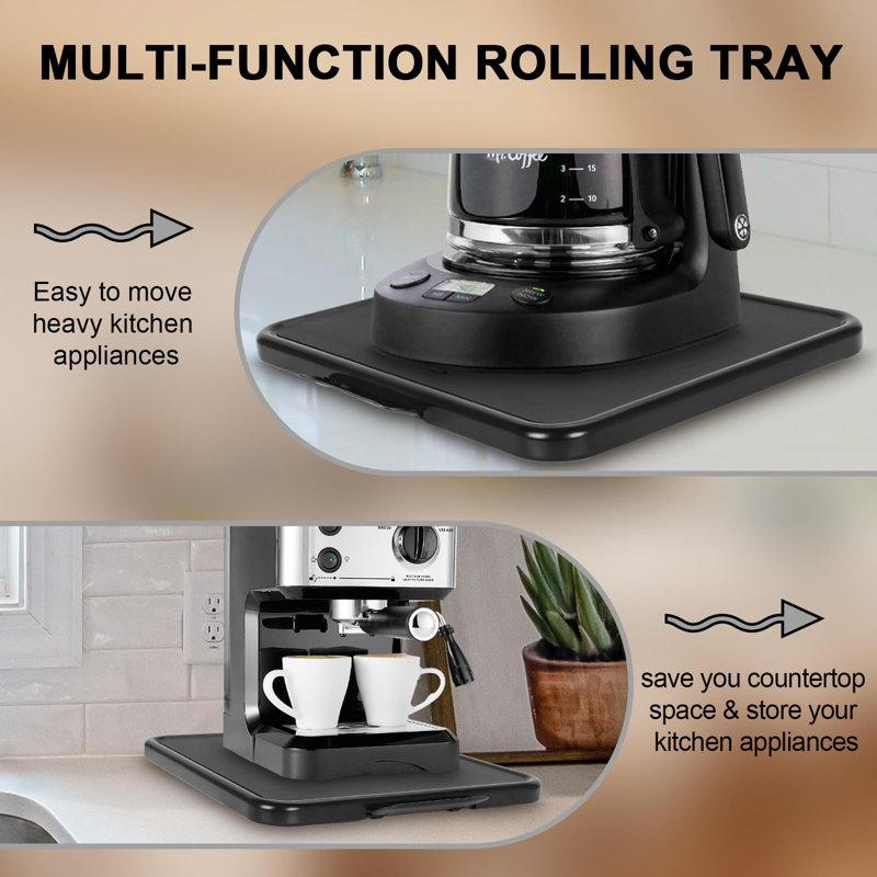 Kitchen Appliance Sliding Tray - Coffee Maker Slider With Rolling Wheels Under Cabinet Countertop Storage Organizer Moving Caddy Extra Wide