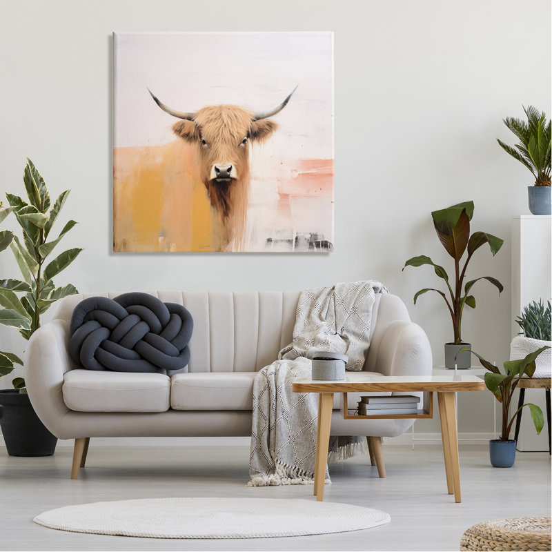 Rustic Highland Cow Canvas Wall Art in Warm Tones, 36" x 36"