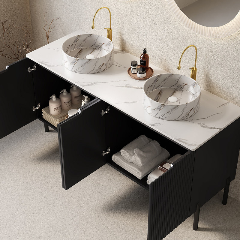 Meuble-lavabo autoportant avec 4 portes, 2 lavabos ronds en céramique avec motif en pierre et dessus en pierre frittée Carrara