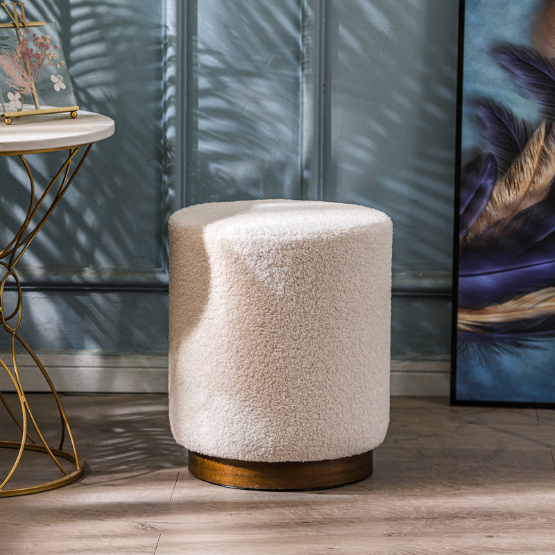 Bridgewater Pouf with Wooden Base, White Boucle