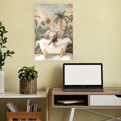 Little Elephant Bubble Bath Playful Serene Elephant Nature Tropical Wall Art Print by Niky Rahner - Wrapped Canvas Print